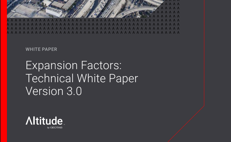 An image featuring a partial aerial view of a busy highway interchange at the top, with the main section showing text on a dark background: 'White Paper: Expansion Factors: Technical White Paper Version 3.0.' Branded with 'Altitude by Geotab' in the bottom left corner.